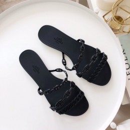 Replica Hermes Black Chain Strap Flat Sandal