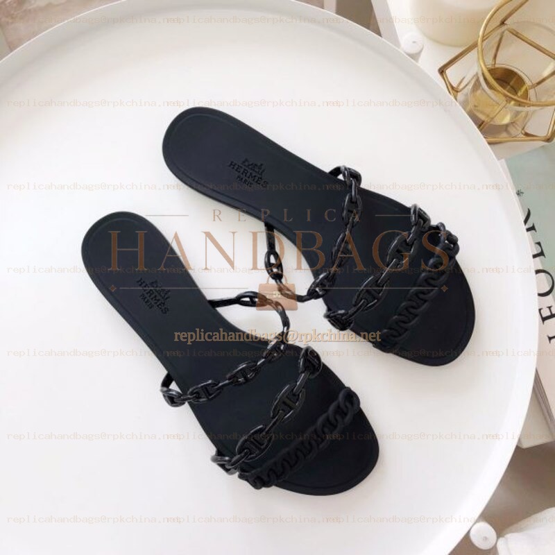 Replica Hermes Black Chain Strap Flat Sandal