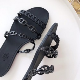 Replica Hermes Black Chain Strap Flat Sandal