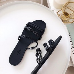 Replica Hermes Black Chain Strap Flat Sandal