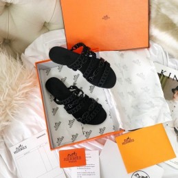 Replica Hermes Black Ruffled Chain Strap Flat Sandal