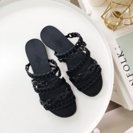 Replica Hermes Black Ruffled Chain Strap Flat Sandal