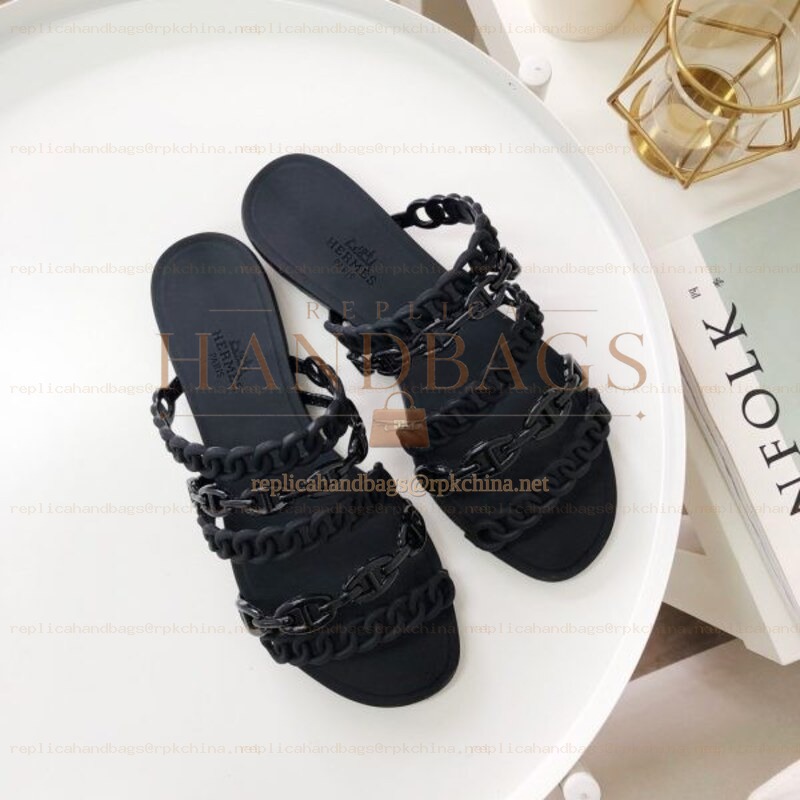 Replica Hermes Black Ruffled Chain Strap Flat Sandal