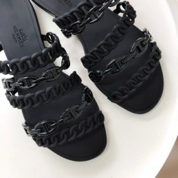 Replica Hermes Black Ruffled Chain Strap Flat Sandal