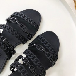 Replica Hermes Black Ruffled Chain Strap Flat Sandal