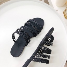 Replica Hermes Black Ruffled Chain Strap Flat Sandal