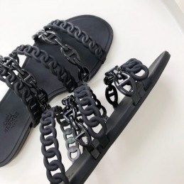 Replica Hermes Black Ruffled Chain Strap Flat Sandal
