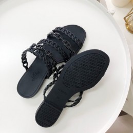 Replica Hermes Black Ruffled Chain Strap Flat Sandal
