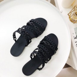 Replica Hermes Black Ruffled Chain Strap Flat Sandal
