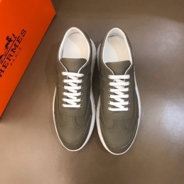 Replica Hermes olive green leather low top sneakers with white sole