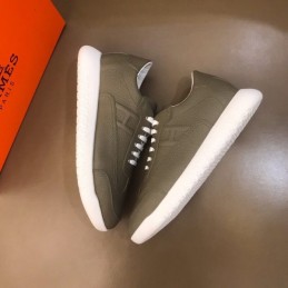 Replica Hermes olive green leather low top sneakers with white sole