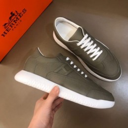 Replica Hermes olive green leather low top sneakers with white sole