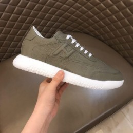 Replica Hermes olive green leather low top sneakers with white sole