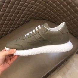 Replica Hermes olive green leather low top sneakers with white sole