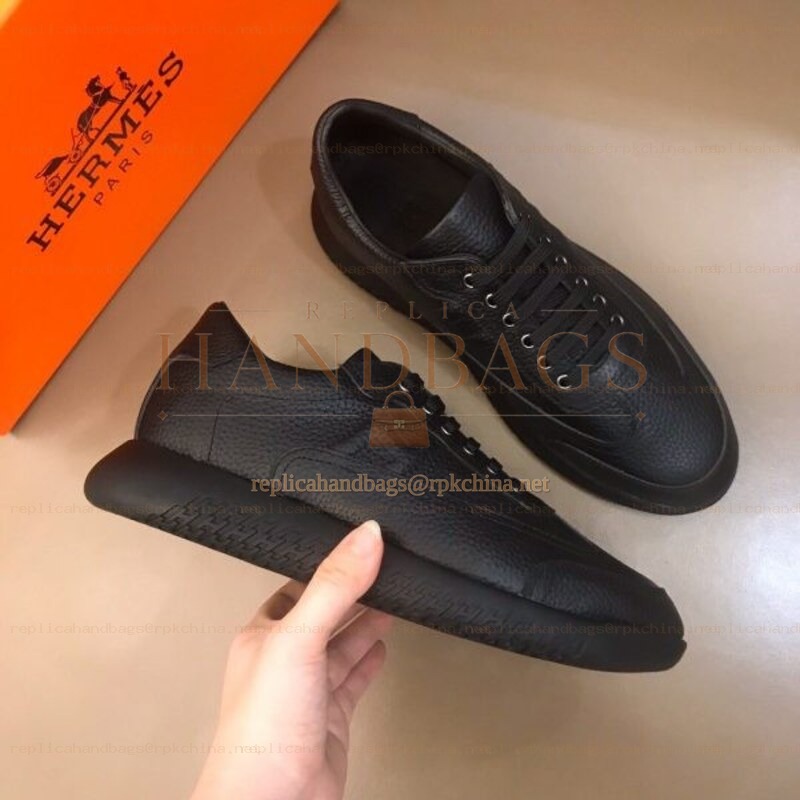 Replica Hermes black leather low top sneakers with black sole