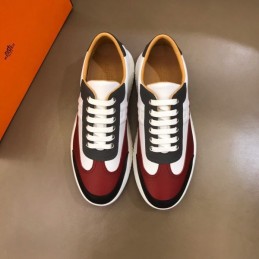 Replica Hermes white burgundy and black leather sneakers with white sole
