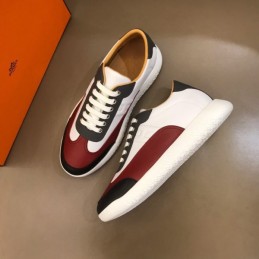 Replica Hermes white burgundy and black leather sneakers with white sole