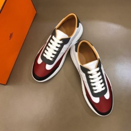 Replica Hermes white burgundy and black leather sneakers with white sole