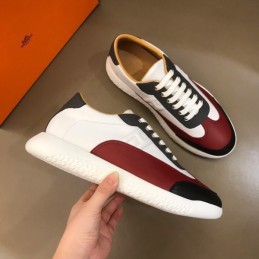 Replica Hermes white burgundy and black leather sneakers with white sole