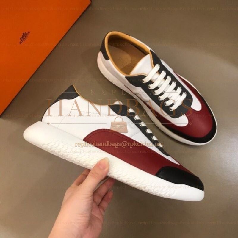 Replica Hermes white burgundy and black leather sneakers with white sole