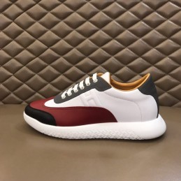 Replica Hermes white burgundy and black leather sneakers with white sole