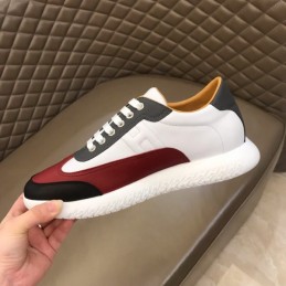 Replica Hermes white burgundy and black leather sneakers with white sole