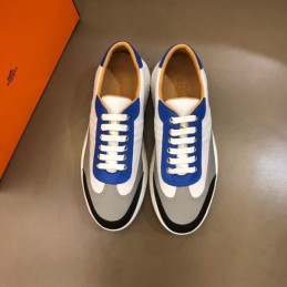 Replica Hermes white blue and black leather sneakers with white sole