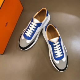 Replica Hermes white blue and black leather sneakers with white sole