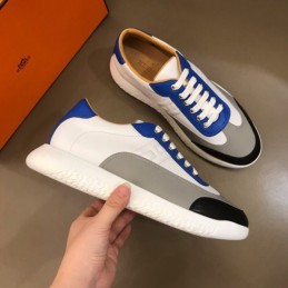 Replica Hermes white blue and black leather sneakers with white sole
