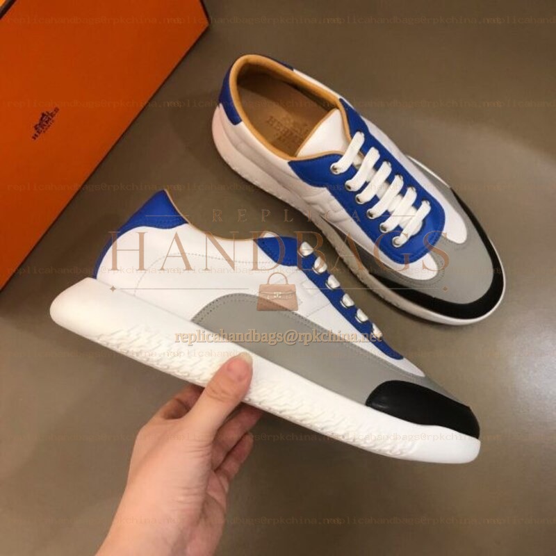 Replica Hermes white blue and black leather sneakers with white sole