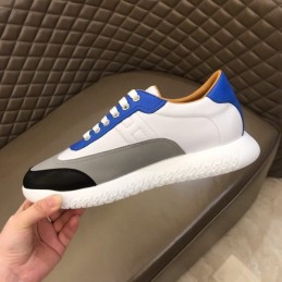 Replica Hermes white blue and black leather sneakers with white sole