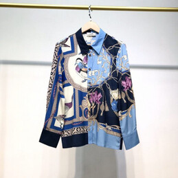 Replica Hermes Blue Scarf Print Shirt