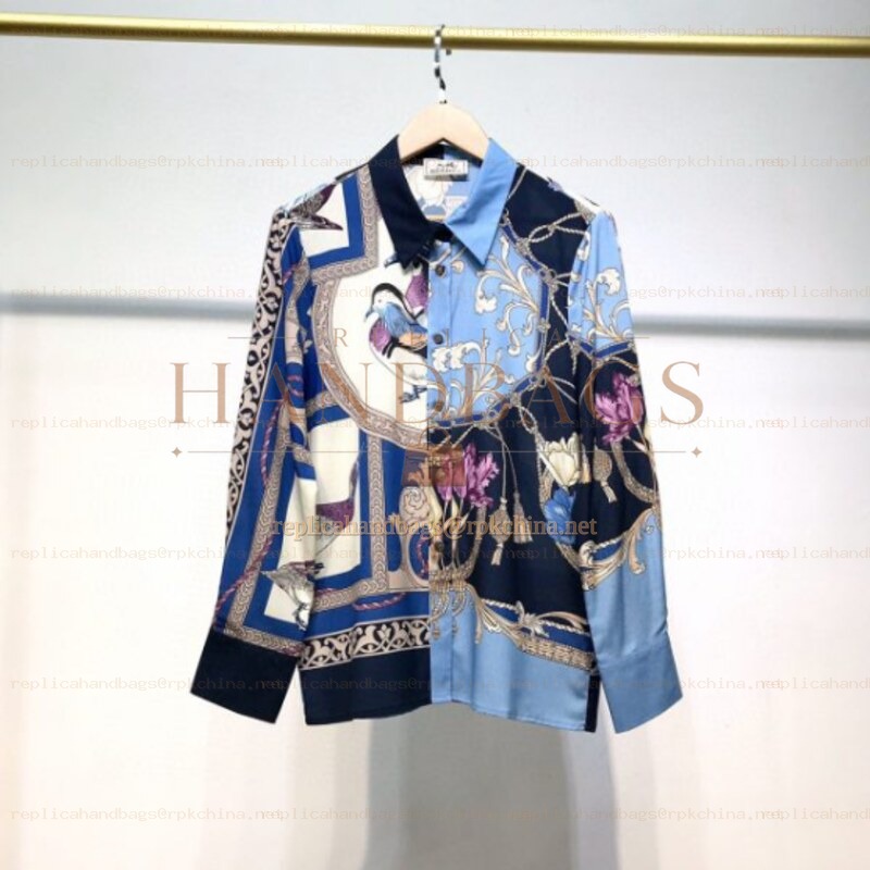 Replica Hermes Blue Scarf Print Shirt