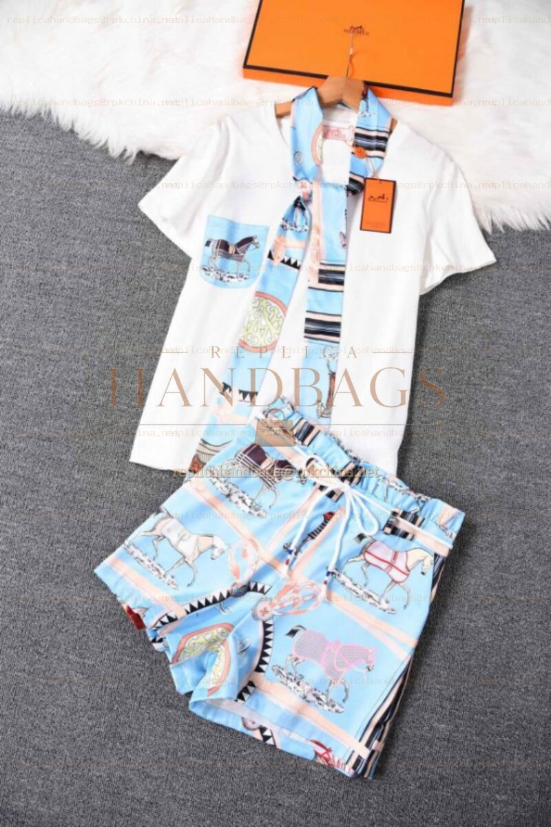 Replica Hermes Blue Scarf Print Pants Set