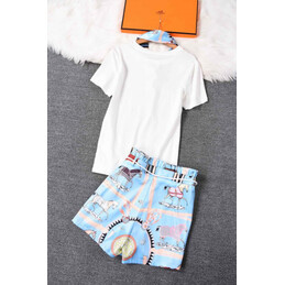 Replica Hermes Blue Scarf Print Pants Set