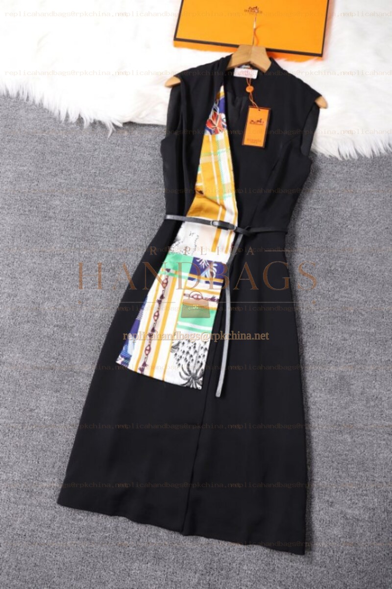 Replica Hermes Black Scarf Panel Sleeveless Dress