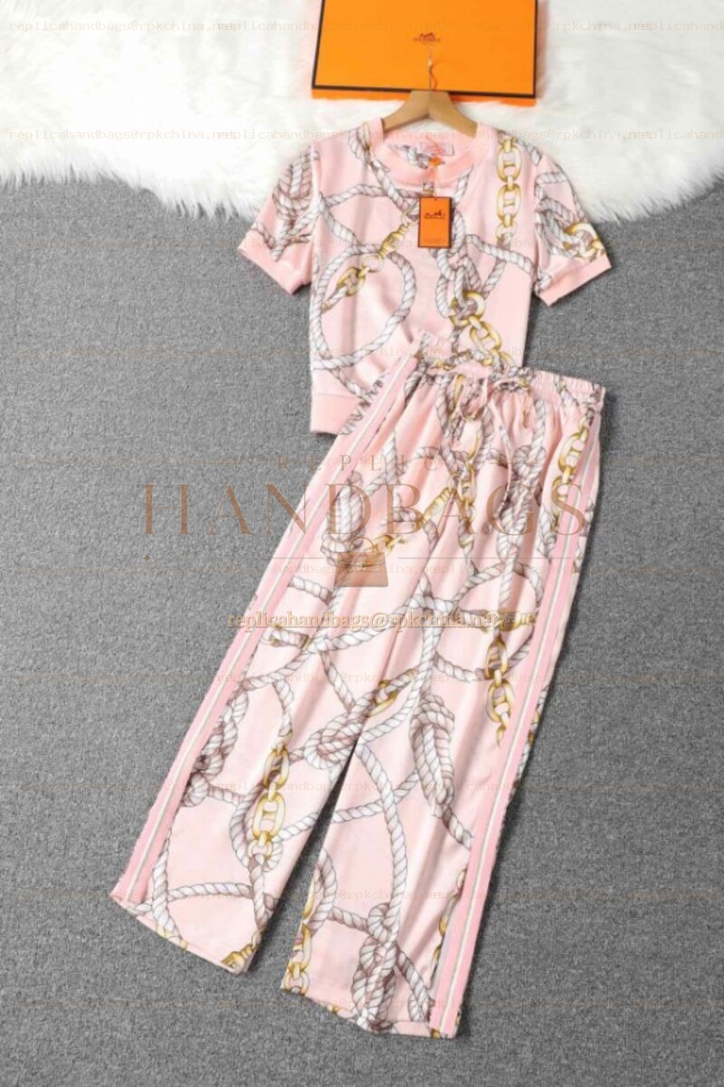 Replica Hermes Pink Scarf Print Pants Set