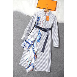 Replica Hermes White Blue Belted Shirt Dress