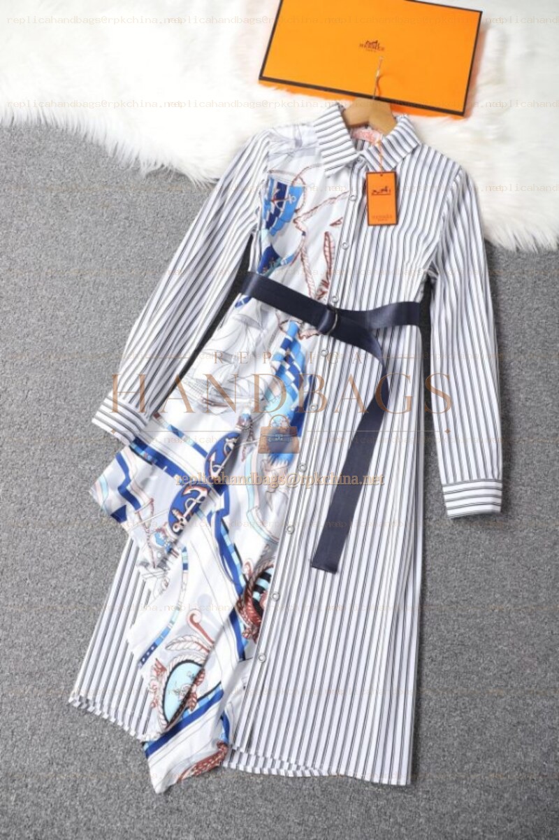 Replica Hermes White Blue Belted Shirt Dress