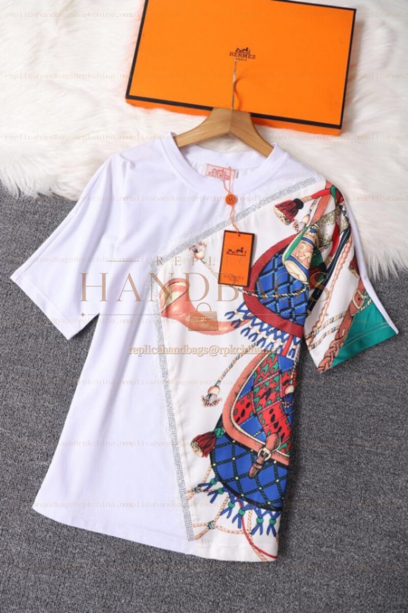 Replica Hermes White Equestrian Scarf Print T-Shirt