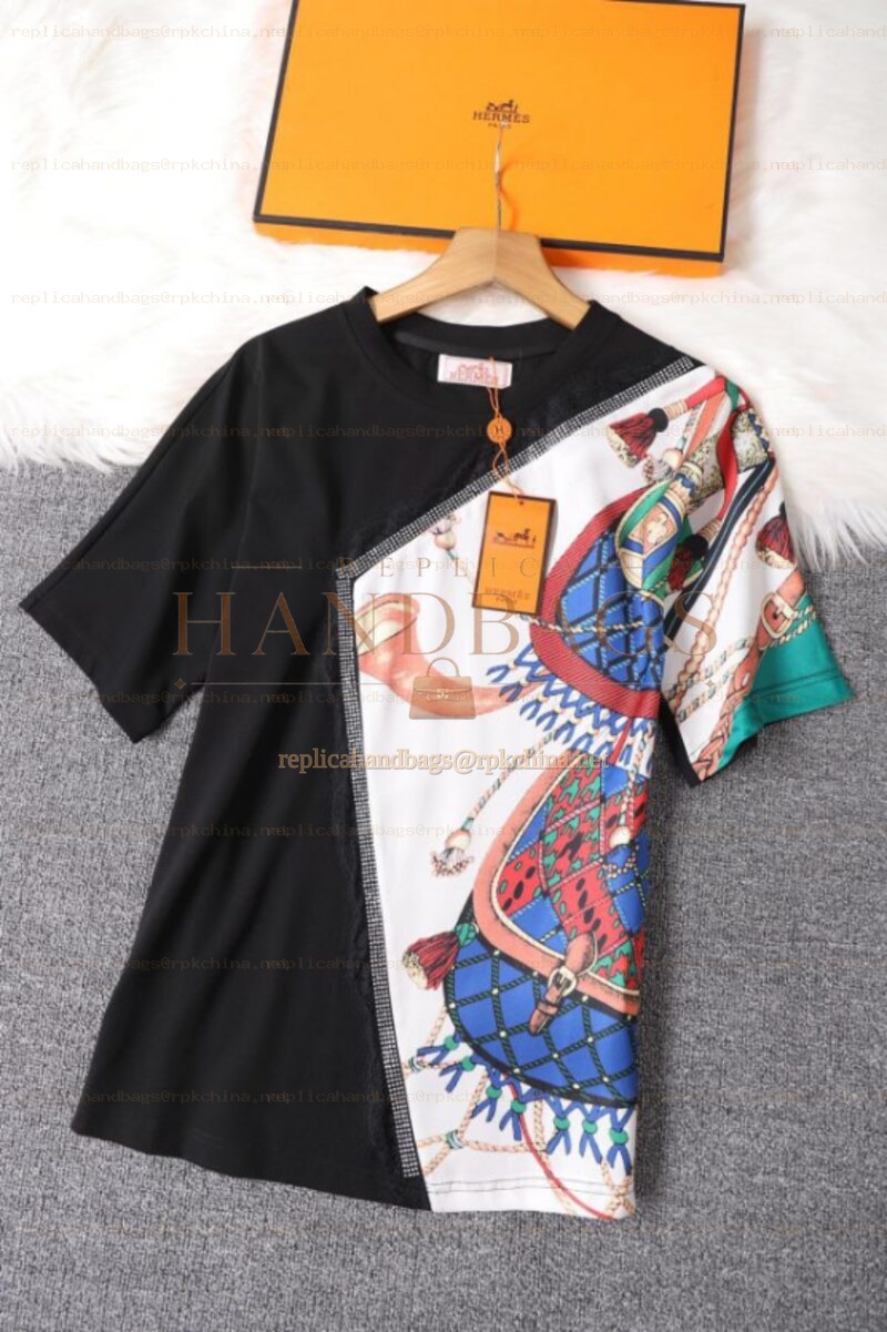 Replica Hermes Black Equestrian Scarf Print T-Shirt