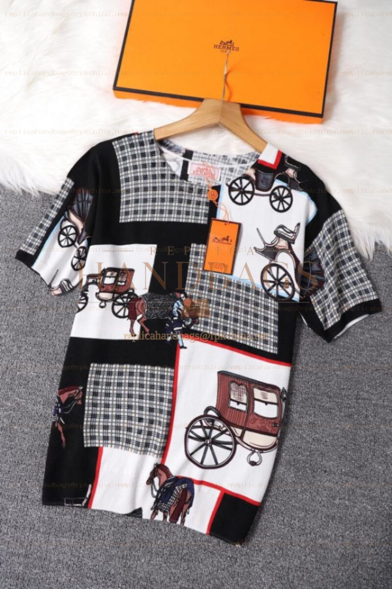 Replica Hermes Black Patchwork Horse Print T-Shirt
