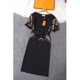 Replica Hermes Black Short Sleeve Belted Dress