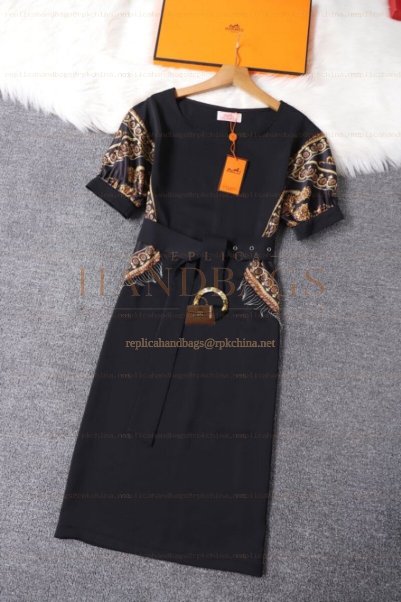 Replica Hermes Black Short Sleeve Belted Dress