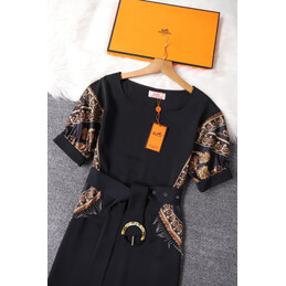Replica Hermes Black Short Sleeve Belted Dress