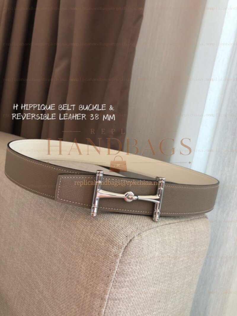Hermes replica Taupe and Cream Reversible Horsebit Buckle Leather Belt