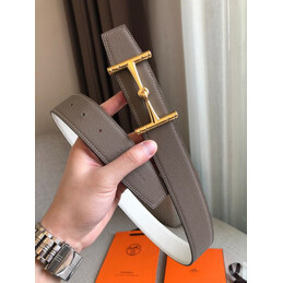 Hermes replica Taupe and Cream Reversible Horsebit Buckle Leather Belt
