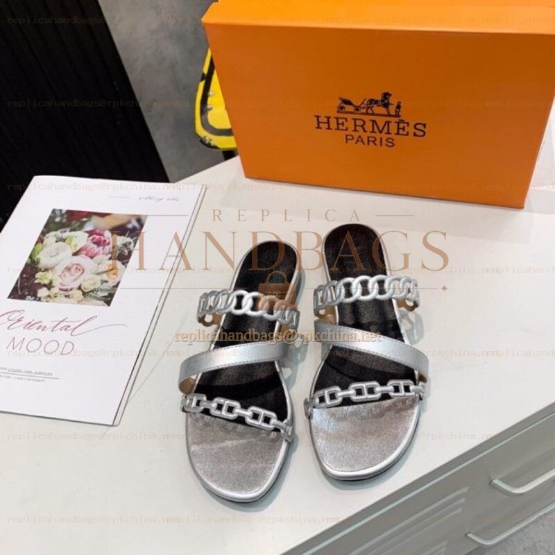 Replica Hermes Black Silver Multi Strap Chain Sandal