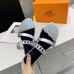 Replica Hermes Black Silver Multi Strap Chain Sandal