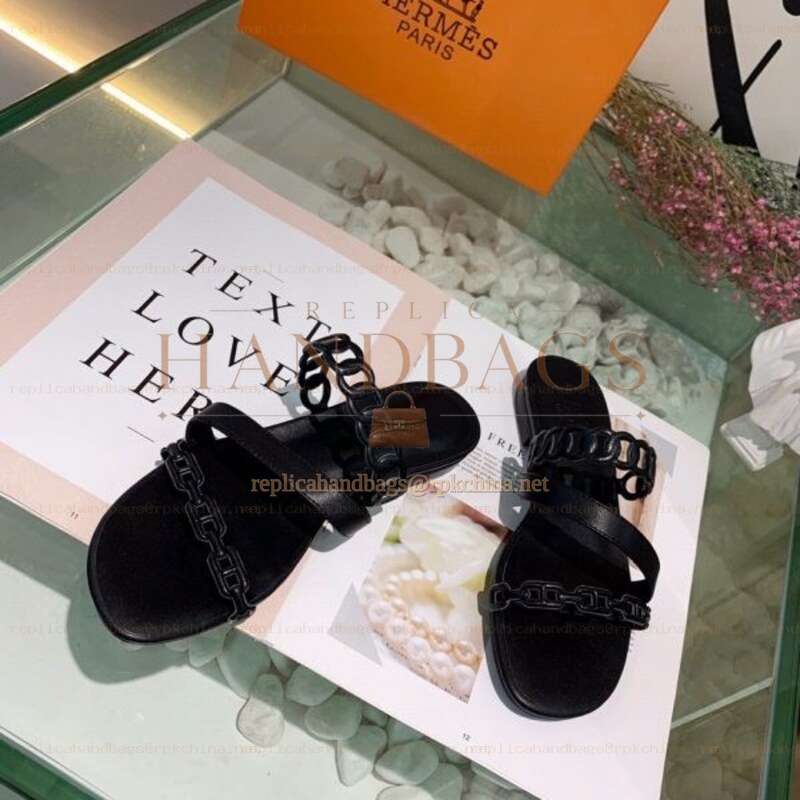 Replica Hermes Black Multi Strap Chain Sandal
